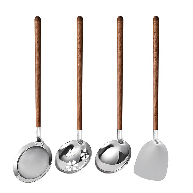 Walnut Handle Kitchen Tool 304 Stainless Steel Spatula Spoon Oil Filter Colander Kit Gadgets Anti-Scalding Cookware For Service