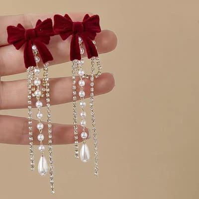 Elegant Retro Red Bow Pearl Tassel Earrings - Women's High-End Autumn/Winter Fashion Accessories