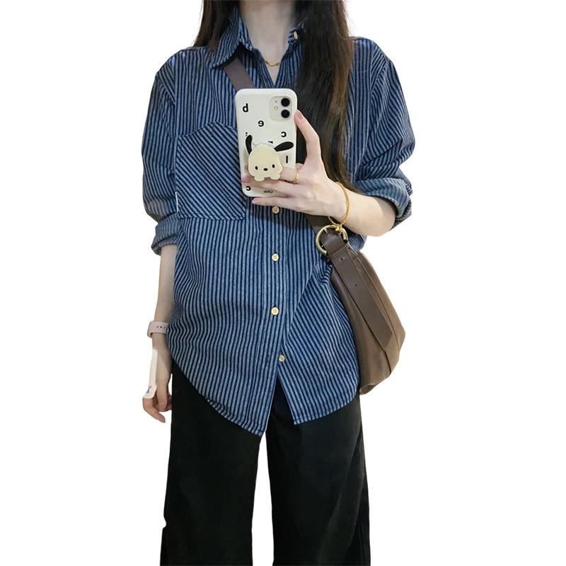 Retro Blue Striped Shirt Women's Spring and Autumn New Loose Casual Shirt Jacket
