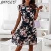 BITCED Fashion Women Casual Loose O-Neck Butterfly Sleeve Floral Print Dress