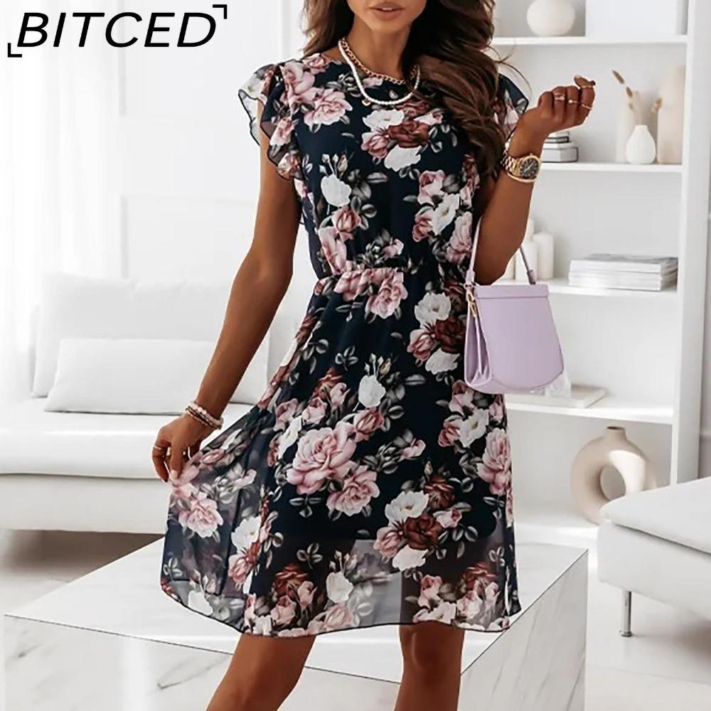 BITCED Fashion Women Casual Loose O-Neck Butterfly Sleeve Floral Print Dress