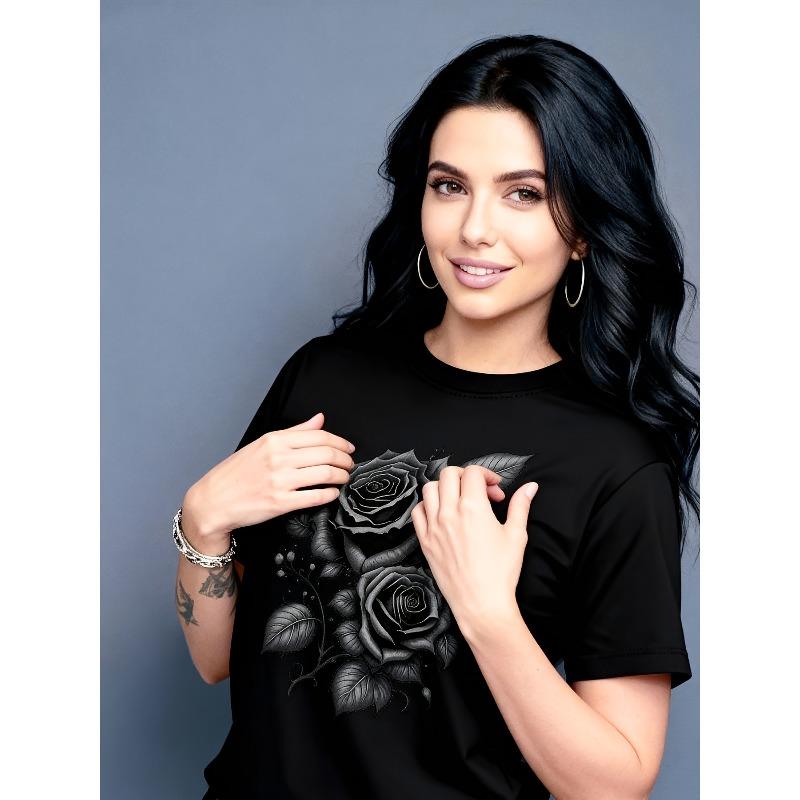 Women Crew Neck Short Sleeve T-Shirt Yellow Rose Print Casual Spring Summer Fashion Top