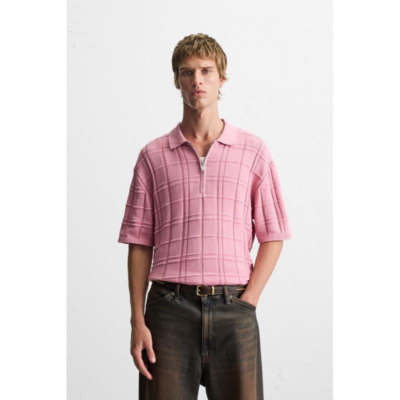 Mens Loose Knit Polo Shirt Cotton Plaid Jacquard Hip Hop Style Comfortable Casual Age-Reducing