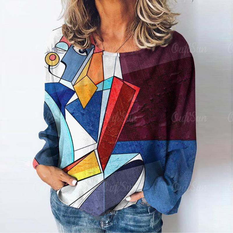 Abstract Art Pattern Print Women's T-Shirt Long Sleeve Autumn O Neck Lady Clothes Tops Oversized Harajuku Streetwear Female Tees