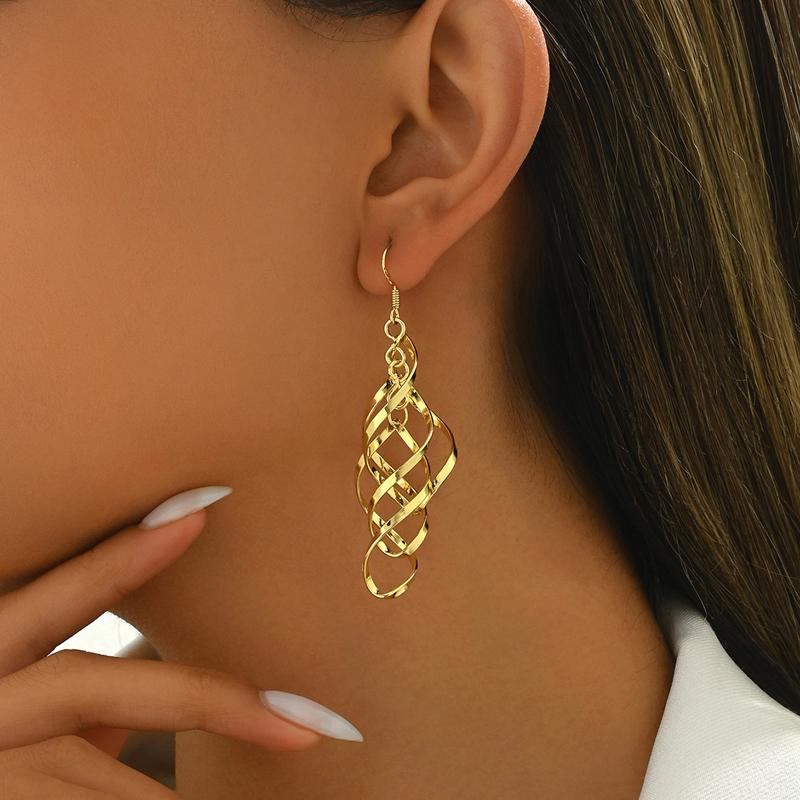Metal Hollow Long Tassel Pendant Earrings for Women Vintage Gold Twisted Wrapped Geometric Hanging Earring Jewelry