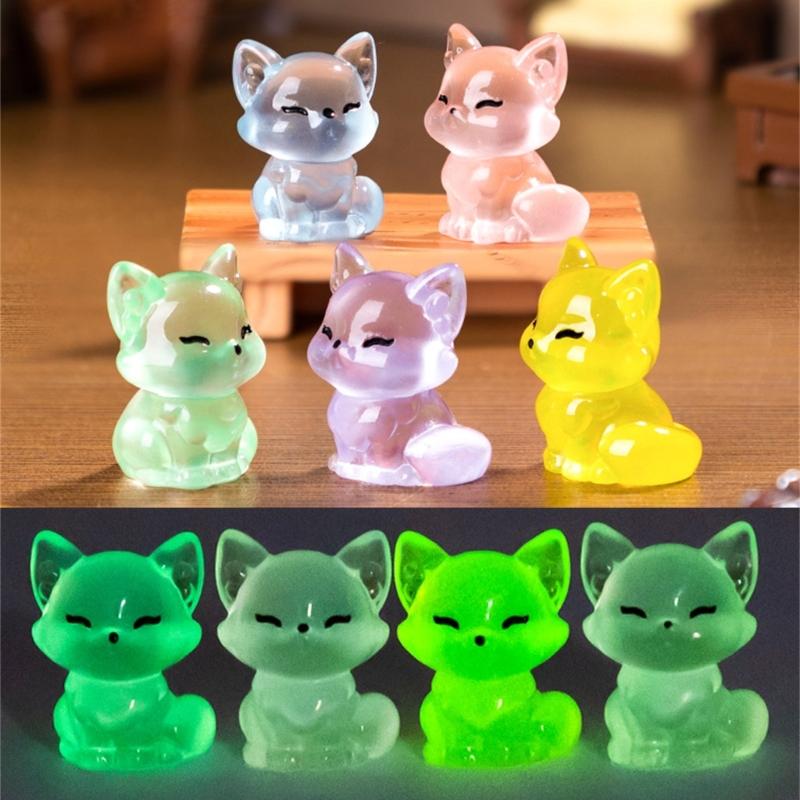 6pcs Cute Little Foxes Sculptures with Glowing in Dark Effect Luminously Animal Figurines for Home Car Interior Decors
