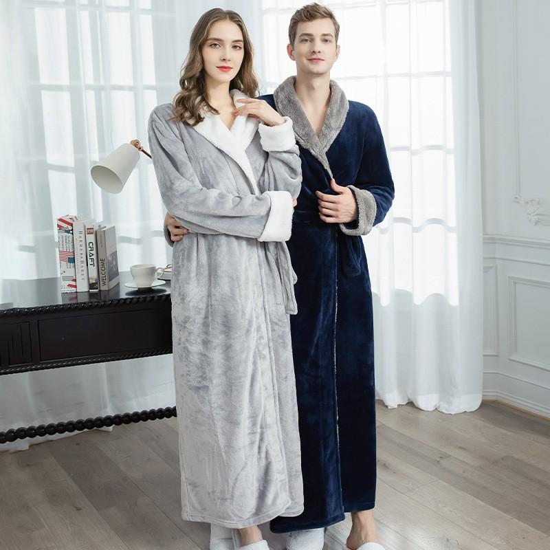 Flannel Nightgown Women Men's Winter Plus Size Bathrobe Thicken Warm Couples Lovers Long Sleepwear Robe with Belt