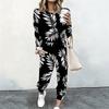 Ladies Crew Neck Long Sleeve Blouse And Elastic Waist Long Pants Two Piece Casual Outfit