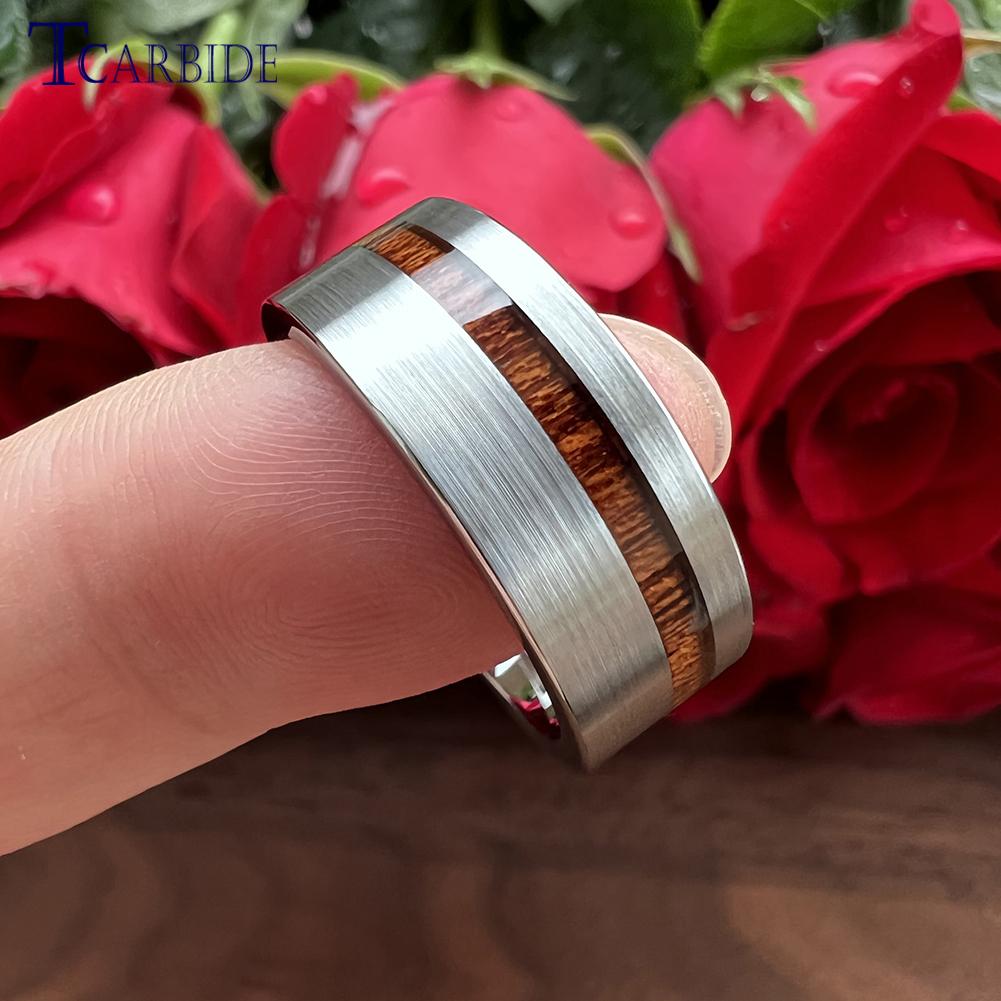 6MM 8MM Black Wedding Band For Men And Women Offset Groove With Real Wood Inlay Trendy Gift Jewelry Comfort Fit