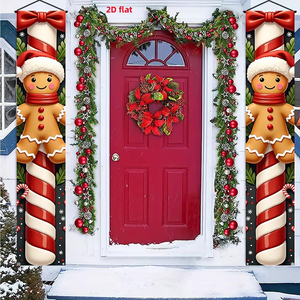 2D Flat, Party Banner, 1 Set, Christmas Decoration Banner, "Gingerbread for Man Leaning on a Red and White Candy Cane" Pattern Design, Cute Christmas