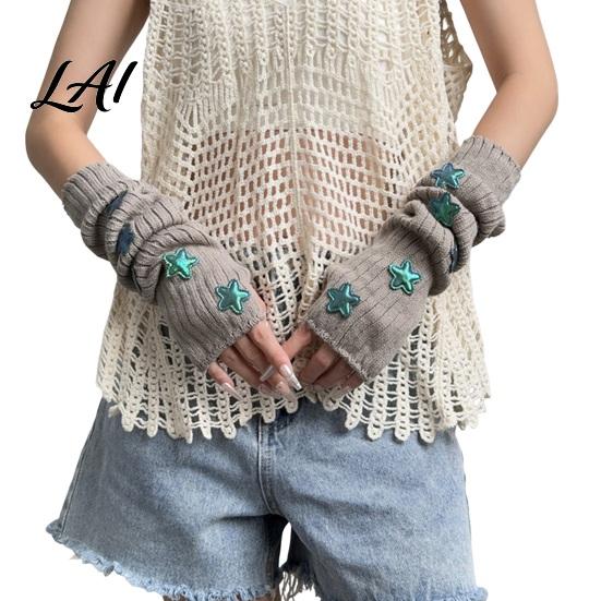 Dunkle Gothic Mode Handschuhe Sternenstrick Armstulpen Fingerlos für Damen Mädchen Lolita Alltag Ärmel Stil Gestreift Häkeln Cosplay Kostüm
