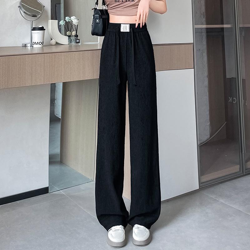 Pleated High Waist Fleece-Lined Wide Leg Pants for Women - Autumn Winter Slimming Plus Size Casual Wear