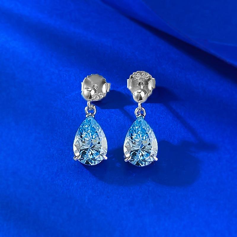 Water Drop Sea Blue Earrings Women'S 7 * 10Mm Pear-Shaped Diamond Colored Treasure Ear Jewelry