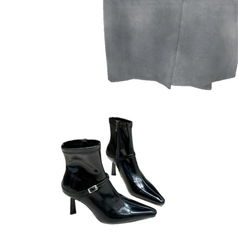 Off-white pointed high-heeled short boots women's 2026 autumn thin-heeled soft leather thin boots