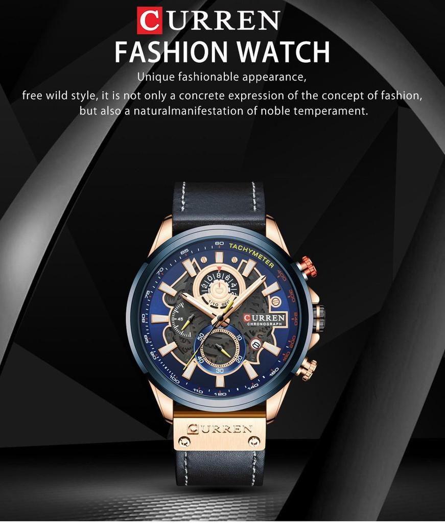 Curren 8380 Men's Waterproof Multifunction Sports Quartz Watch with Leather Strap and Calendar.