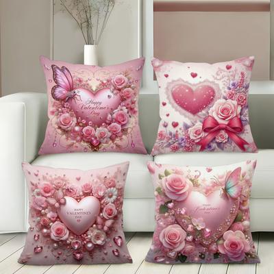 Ensemble d'oreillers Cœur Rose Rose Pour la Saint-Valentin Housse d'oreiller en polyester, Housse de coussin décoratif pour canapé Oreiller de tête de lit