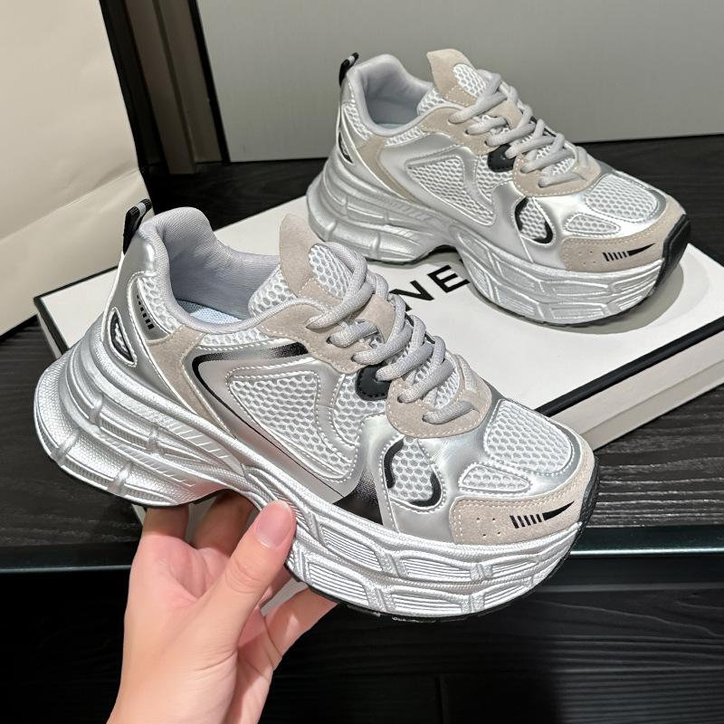 Autumn new silver sneakers heightened platform dad shoes mesh casual running shoes
