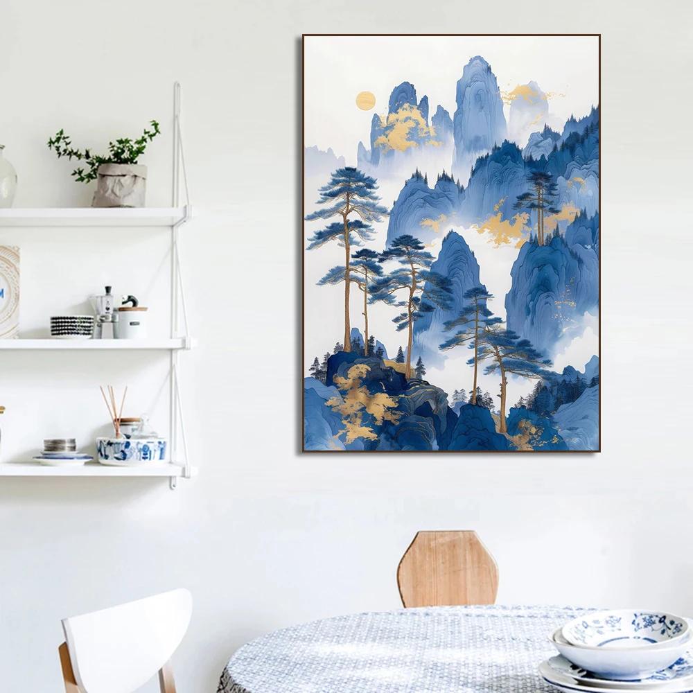 Landscape Blue Mountain Tree Forest Pine Temple River Gold Sun Poster Canvas Painting Print Wall Art for Living Room Home Decor