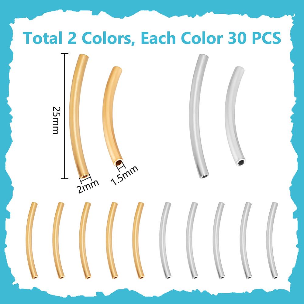 60Pcs 2 Colors 304 Stainless Steel Tube Beads, Curved Tube, Golden & Stainless Steel Color, 25x2mm, Hole: 1.5mm, 30pcs/color