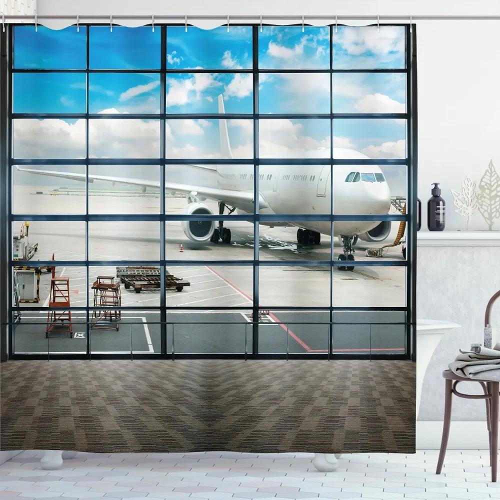 Airport Shower Curtain,Aviation Themed Illustration Of Parked Airplanes Landed In Airfield,Polyester Fabric Bathroom Curtain Set