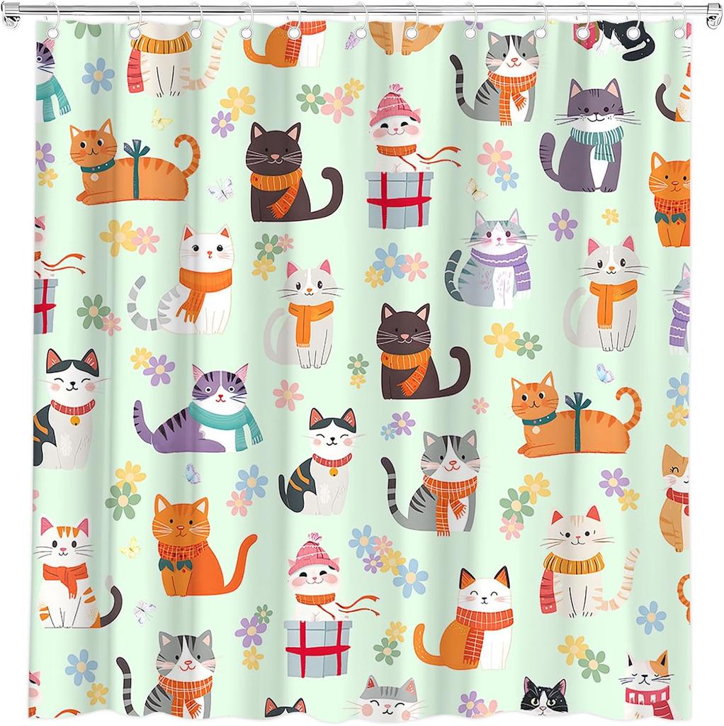 Lustiger Katze Duschvorhang Abstraktes Kätzchen Bunt Niedlich Floral Schmetterling Liebliche Haustiere Cartoon Tier Wildblume Modern Minimalismus