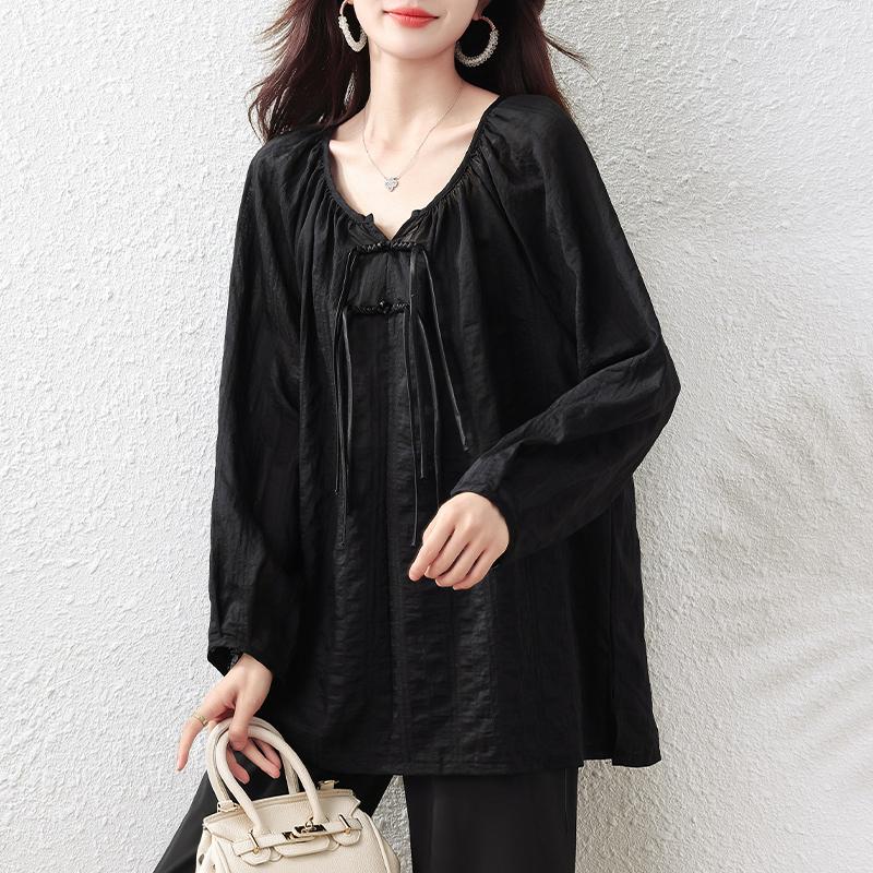 Elegant Plus Size Black Blouse for Women In Loose New Chinese Style with Long Sleeves