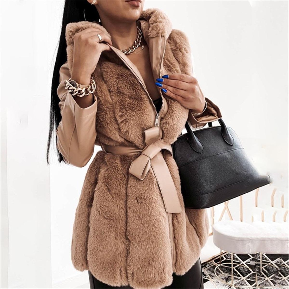 Women Faux Fur Hooded Coat Zip‑Up
