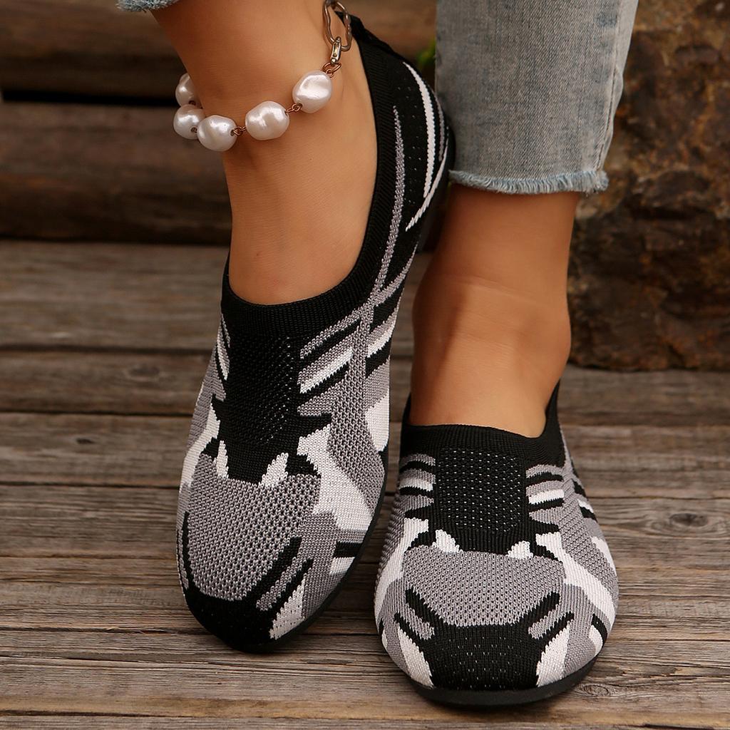 New Flyknit Mesh Breathable Low Top Single Shoes for Women, Flat Bottom Printed Knitted Fabric, Shallow Mouth Lazy Work Shoes
