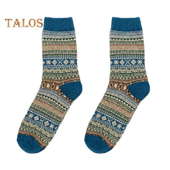 

1/5 пары мужских зимних носков средней длины с теплоизоляцией в этническом стиле для дома и спальни, носки-тапочки с цветными блоками, противоскользящие, трикотажные, повседневные, спортивные королевский синий