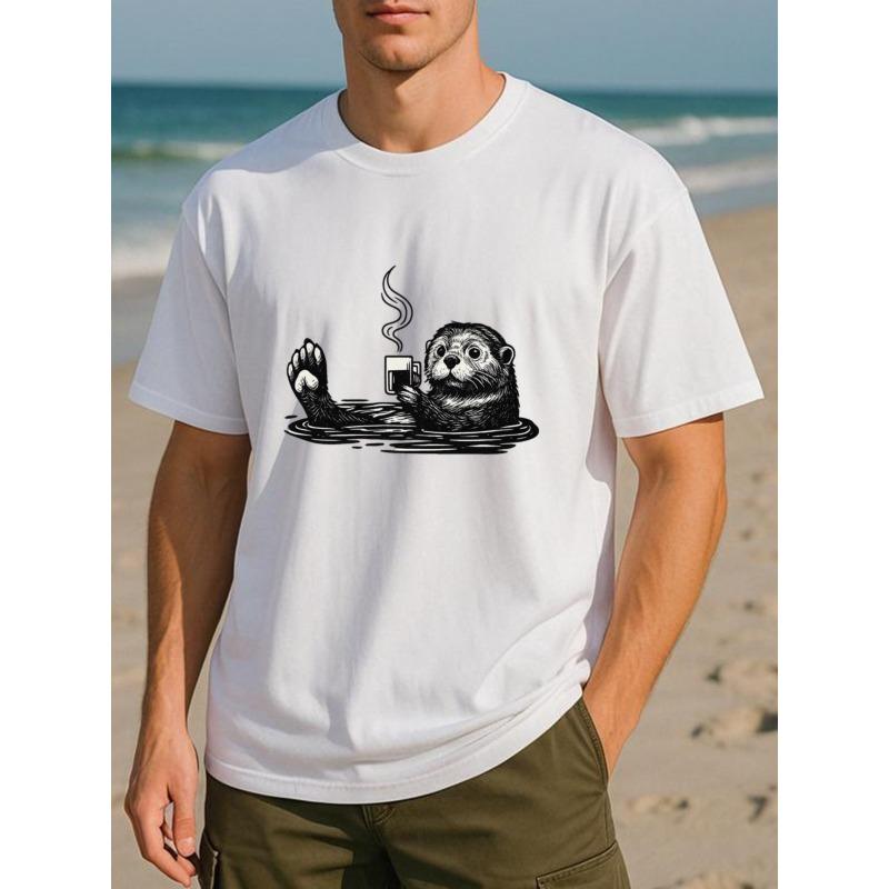 Tamanho Europeu Relaxamento Máximo, Café Lontra, Camisa Masculina de Manga Curta Estampada, Top de Tecido Respirável Estampado, Camiseta Simples de Malha de Algodão Puro