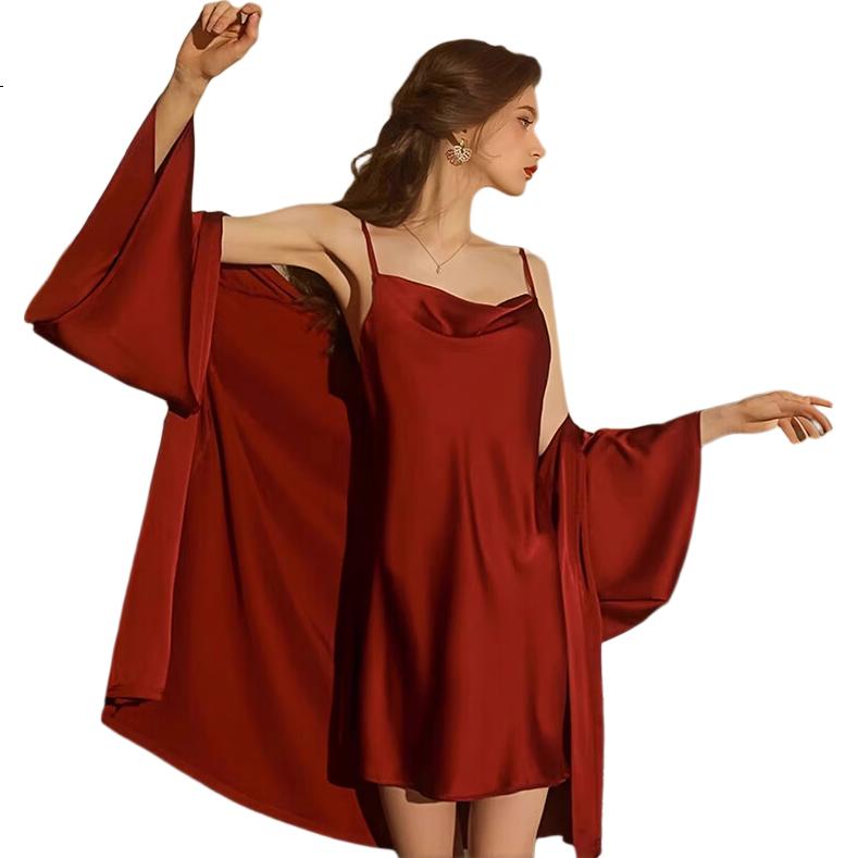 XUEXIMAN Roupão de Manhã, Roupa de Dormir para Noiva, Camisola Sexy Feminina de Seda Gelada com Alças Finas, Conjunto de Duas Peças, Roupão de Casamento Elegante, Roupa de Casa
