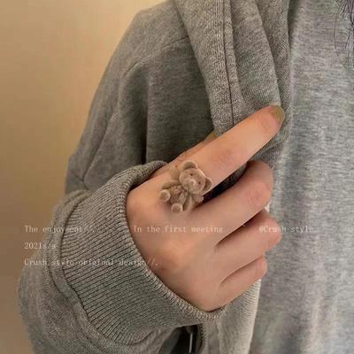 New Bowknot Bear Three-dimensional Ring Autumn and Winter Cute Girl Heart Flocking Ring Curry Blue Pink Velvet Bear