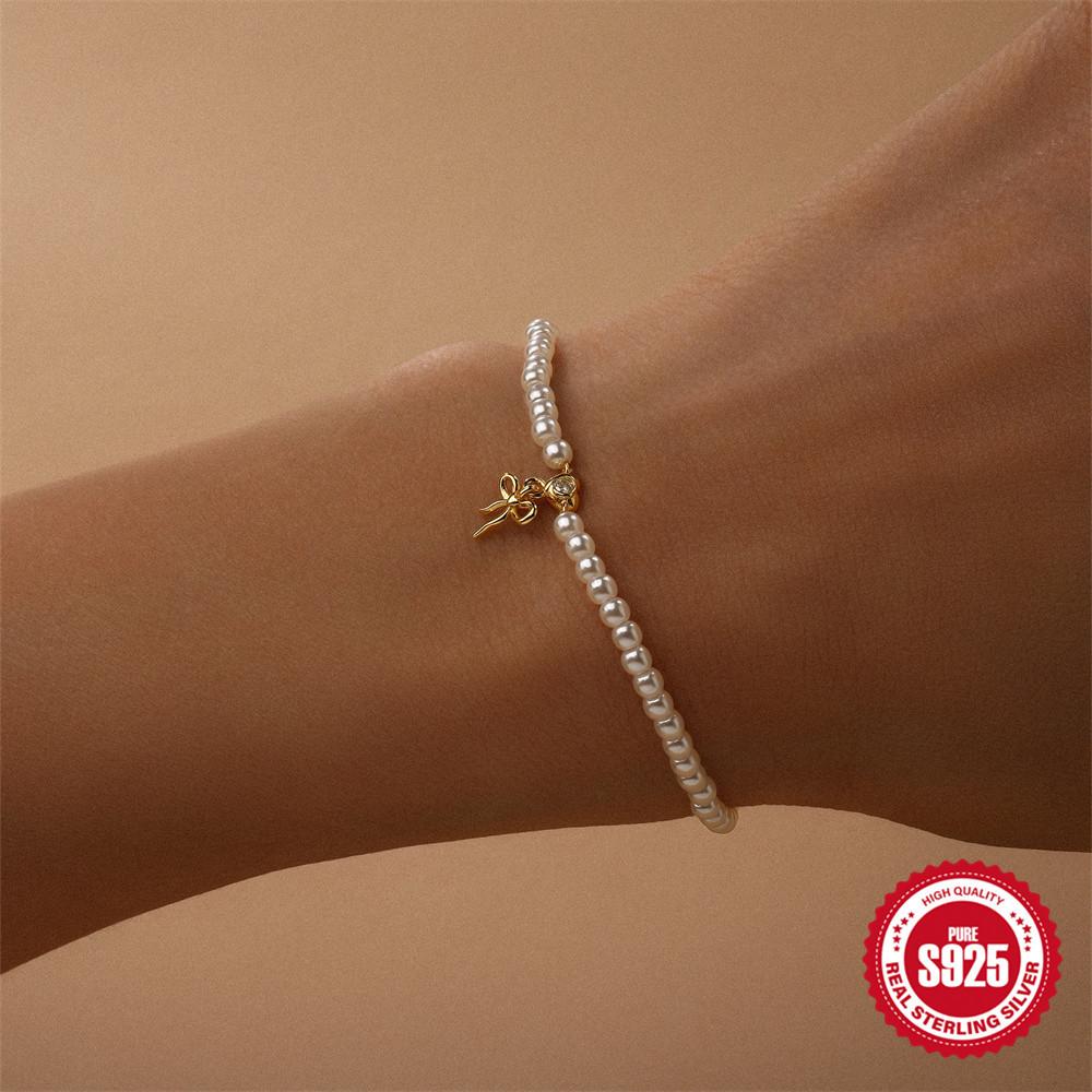 Pearl Love Rose Bow Niche Design Classic Fashion Mother'S Day Exquisite Bracelet S925 Sterling Silver