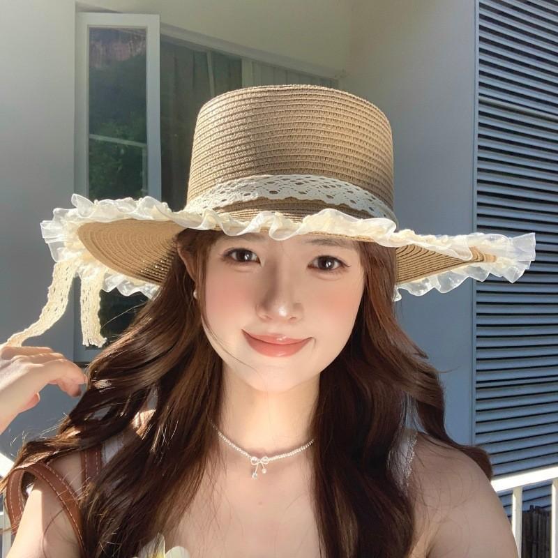 Summer Womens Sun Hat With Lace Ribbon Wide Brim Sun Protection Outdoor Beach Accessory