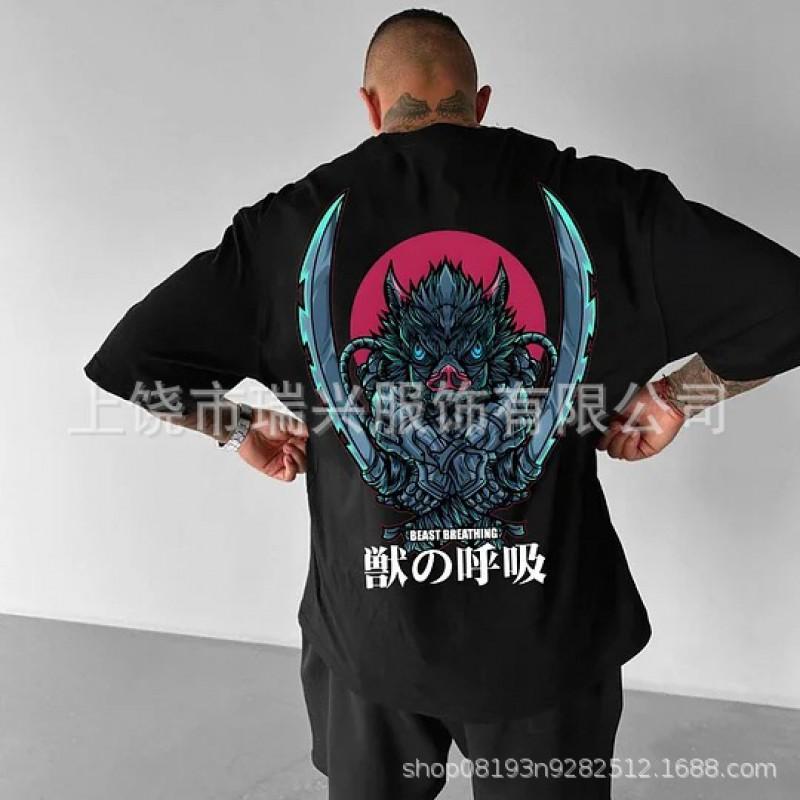 Mens Oversized Anime Graphic Tee Loose Fit Japanese Streetwear Casual T-Shirt