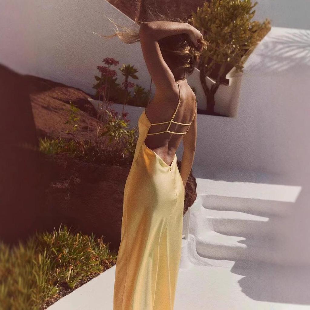 ZA European & American Style Gold Satin Spaghetti Strap Midi Dress