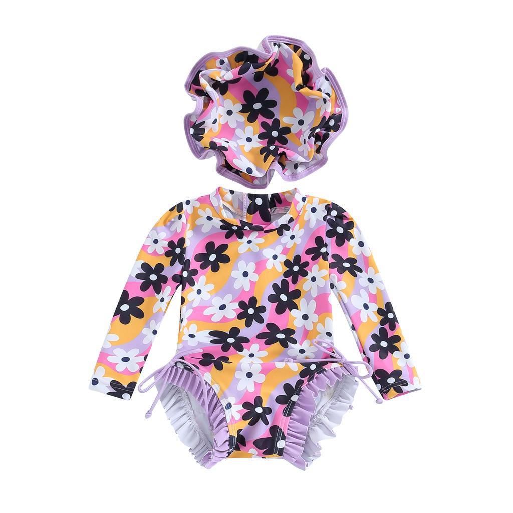 Baby Girl Rash Guard Swimsuit Long Sleeve Floral/Ice Cream Print Bathing Suit Infant Swimwear with Sun Hat