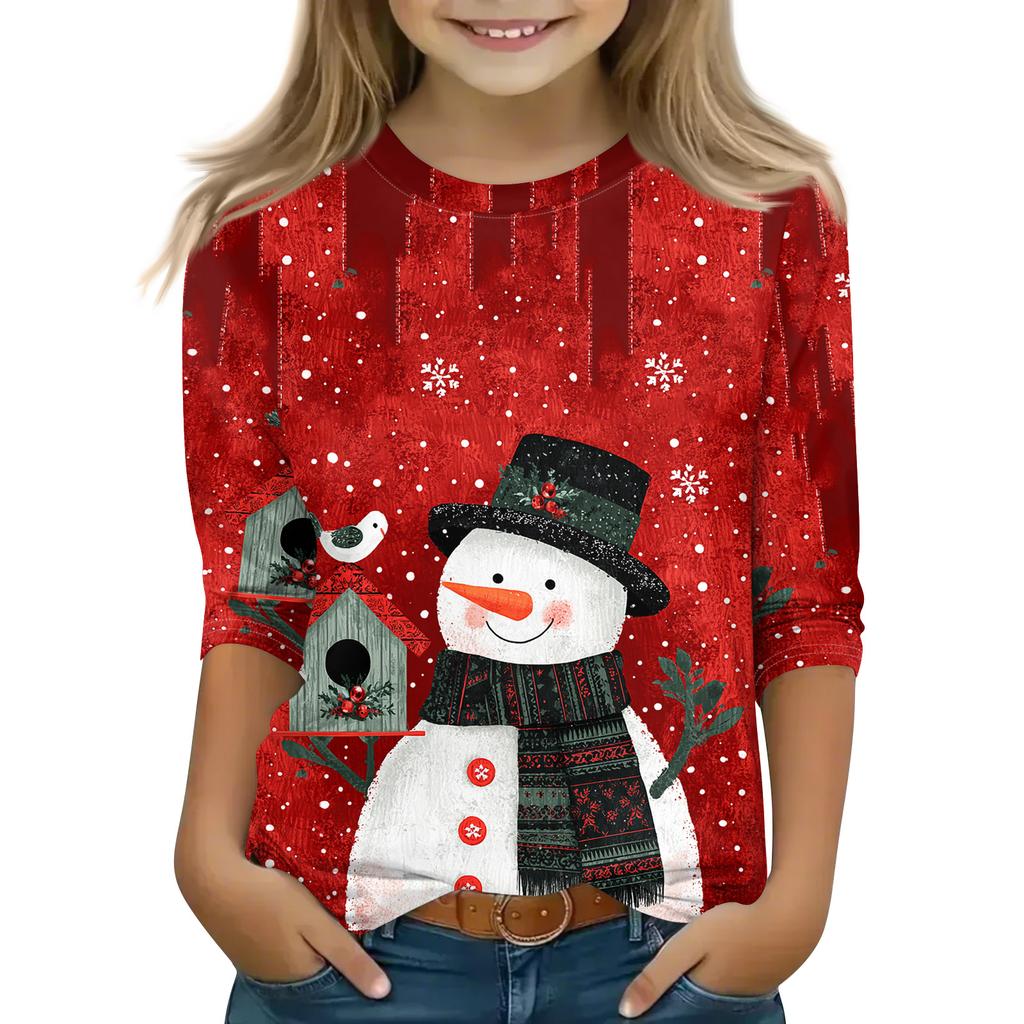 Christmas Day Print Tops For Youth Girls 4-11 Years Round Neck 3/4 Sleeves T-Shirts Trendy Tops Outfit Tees