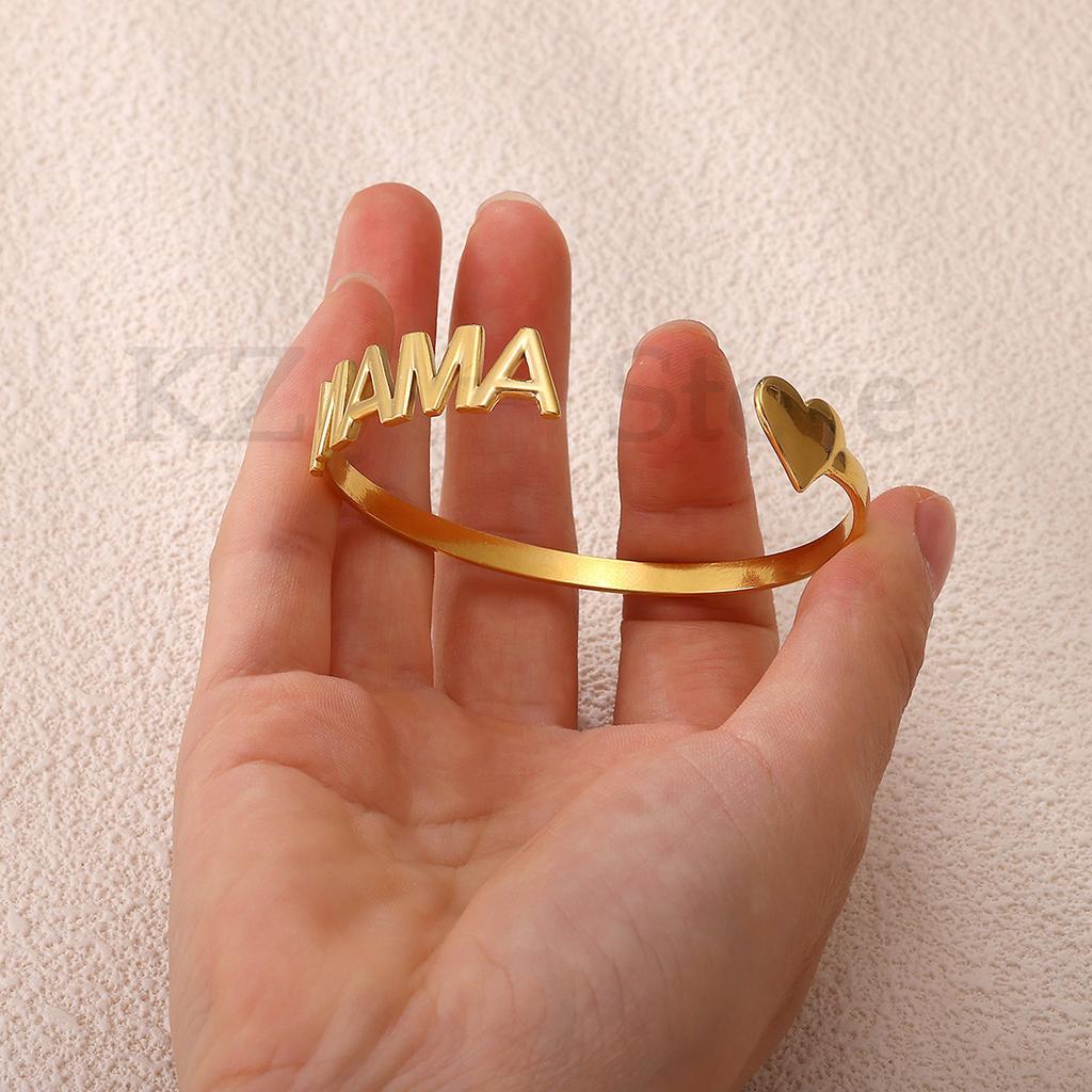 Elegant Mama Letter Heart Cuff Bangle For Women Charm Gold Color Stainless Steel Opening Bracelets Mother's Day Jewelry Mum Gift