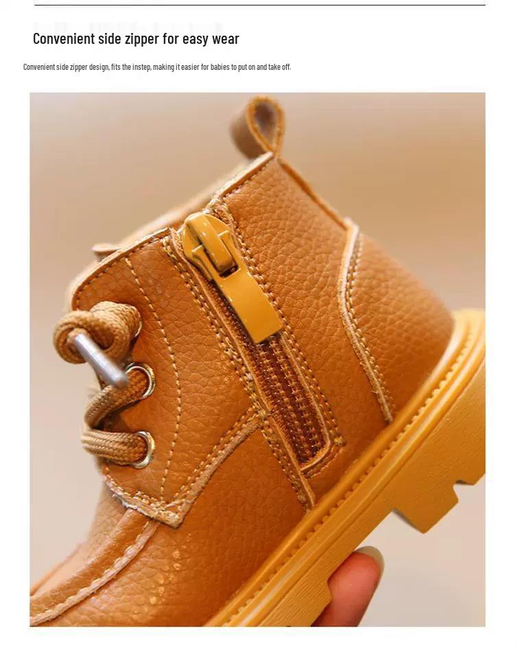 Children's Yellow Leather Martin Boots: Soft Sole Autumn/Winter Toddler Walking Shoes for Boys and Girls.