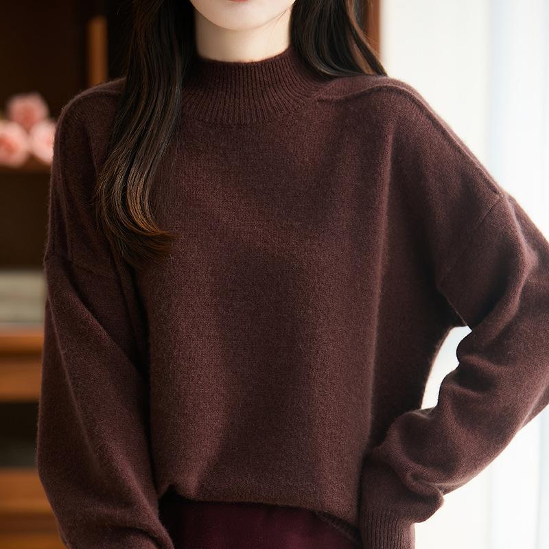 Women's Solid Color Pure Wool Raglan Knitwear - Soft, Warm Long Sleeve with Half-High Neck