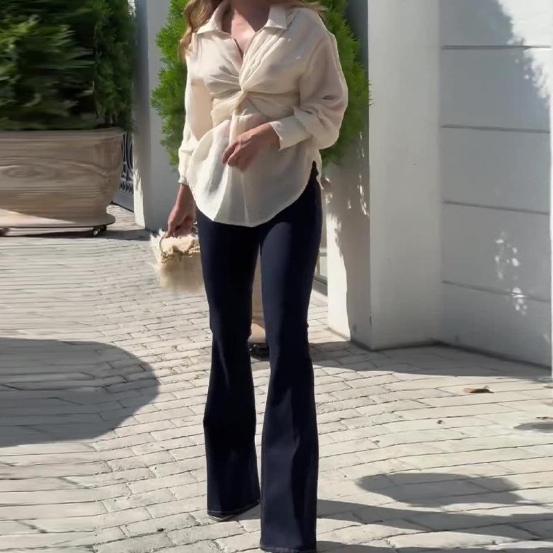 

2024 Autumn European & American Pleated Slim Fit Shirt and Flare Long Pants Set XL белый