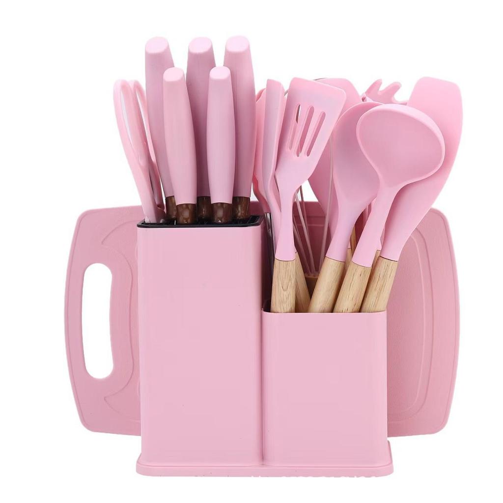 19-Piece Non-Stick Kitchenware Set: Silicone Spatula & Spoon with Wooden Handles + Knife Set In Stock