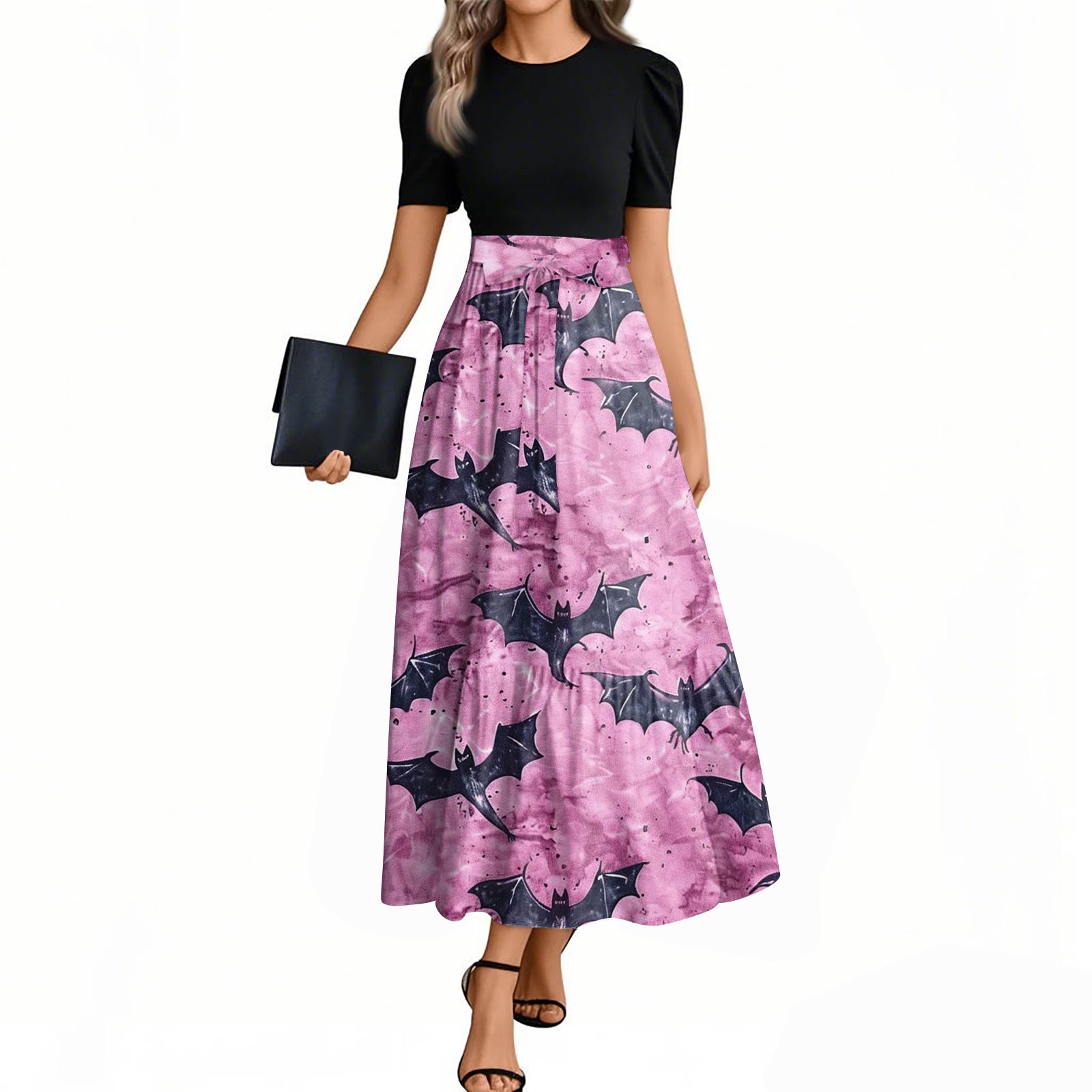 

Женское модное повседневное платье с поясом, с коротким рукавом, круглым вырезом и элегантным принтом на Хэллоуин L