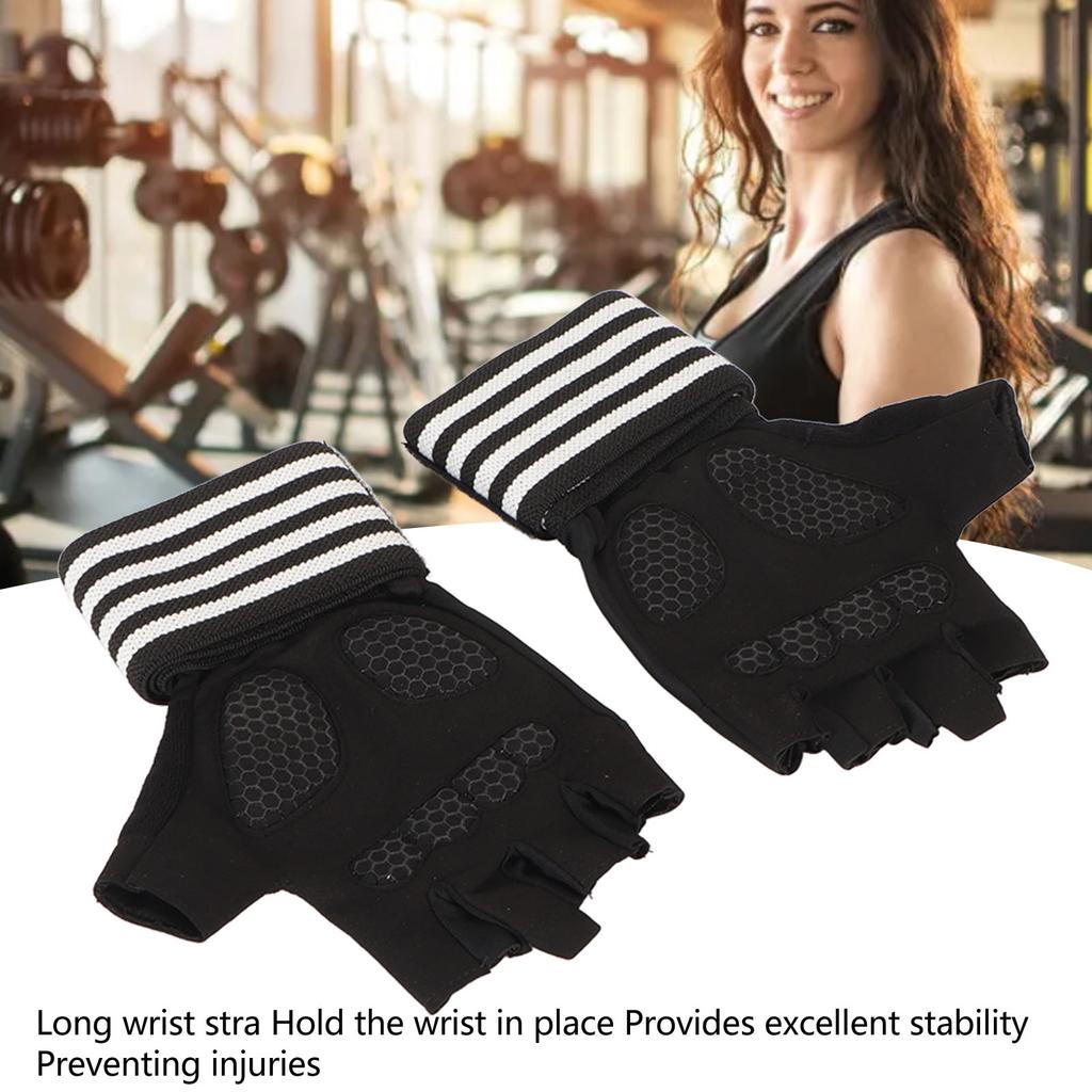 Black Workout Gloves Gym Fitness Weight Lifting Half Finger Gloves with Wrist Strap for Exercise Training L