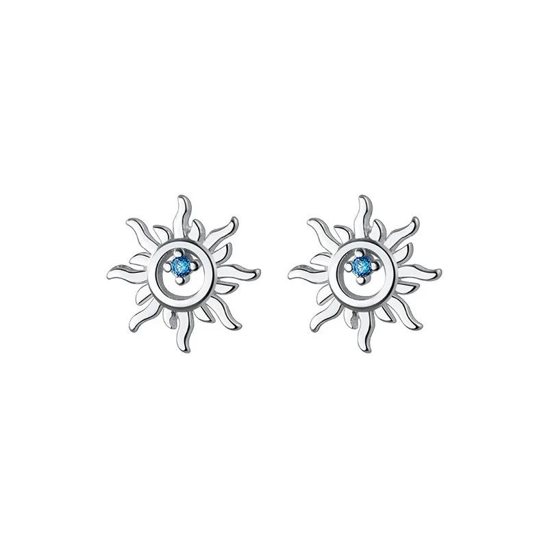 925 Silver Blue Zircon Sun Small Stud Earrings For Women Piercing Wedding Luxury Jewelry Jewellery Money 925