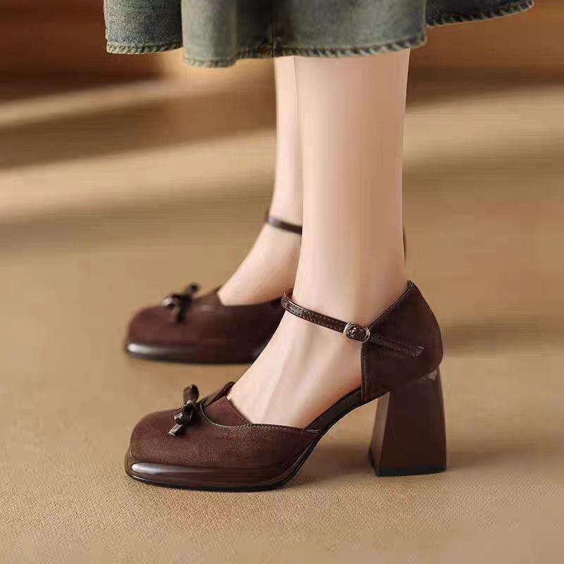 Mode Mode Sandalen Sommer Neu Wildleder Flach Schleife Einzelne Schuhe Damen Kopf Dicker Absatz Plateau Retro Hohe Absätze