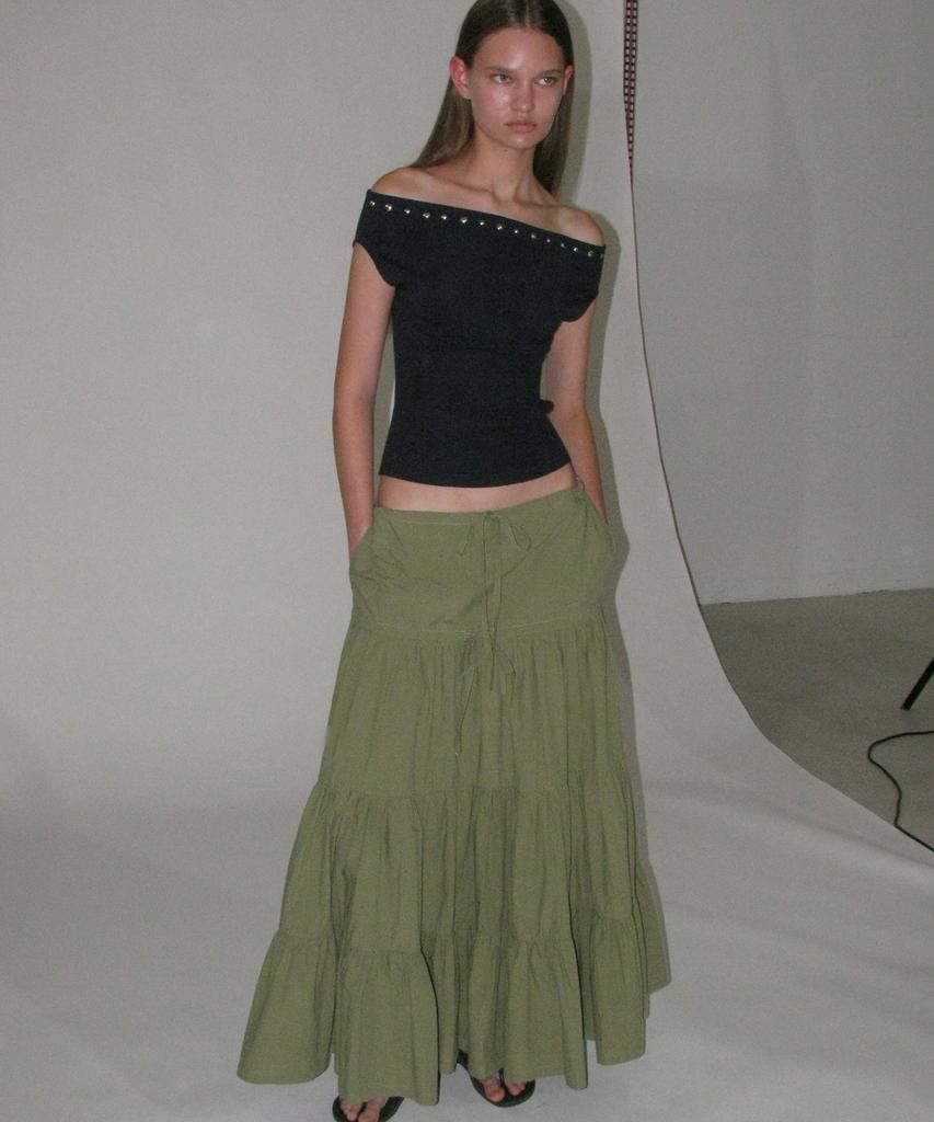 Partimento Woman Bow Strap Shirred Tiered Maxi Skirt_Khaki Green