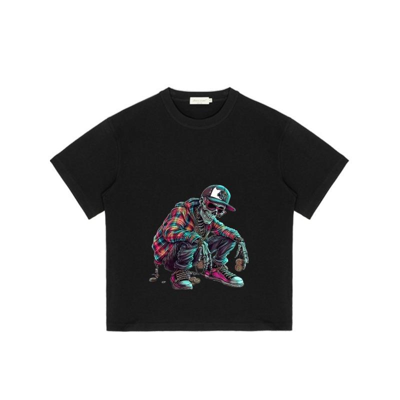 Black T Shirt with Colorful Skeleton Hip Hop Design for Casual Wear