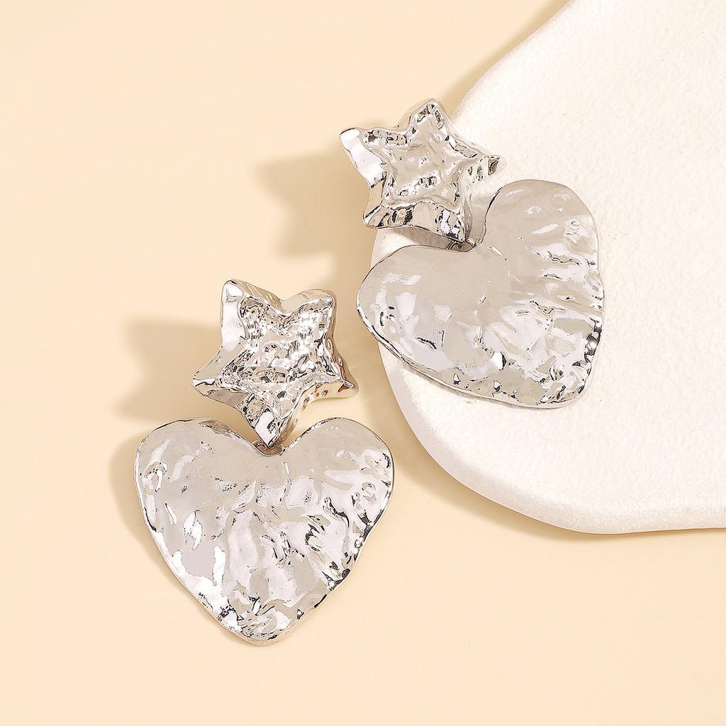 Women Fashion European American Retro Heart Dangle Earrings Star Irregular Tin Foil Surface Creative Punk Elegant Ear Jewelry